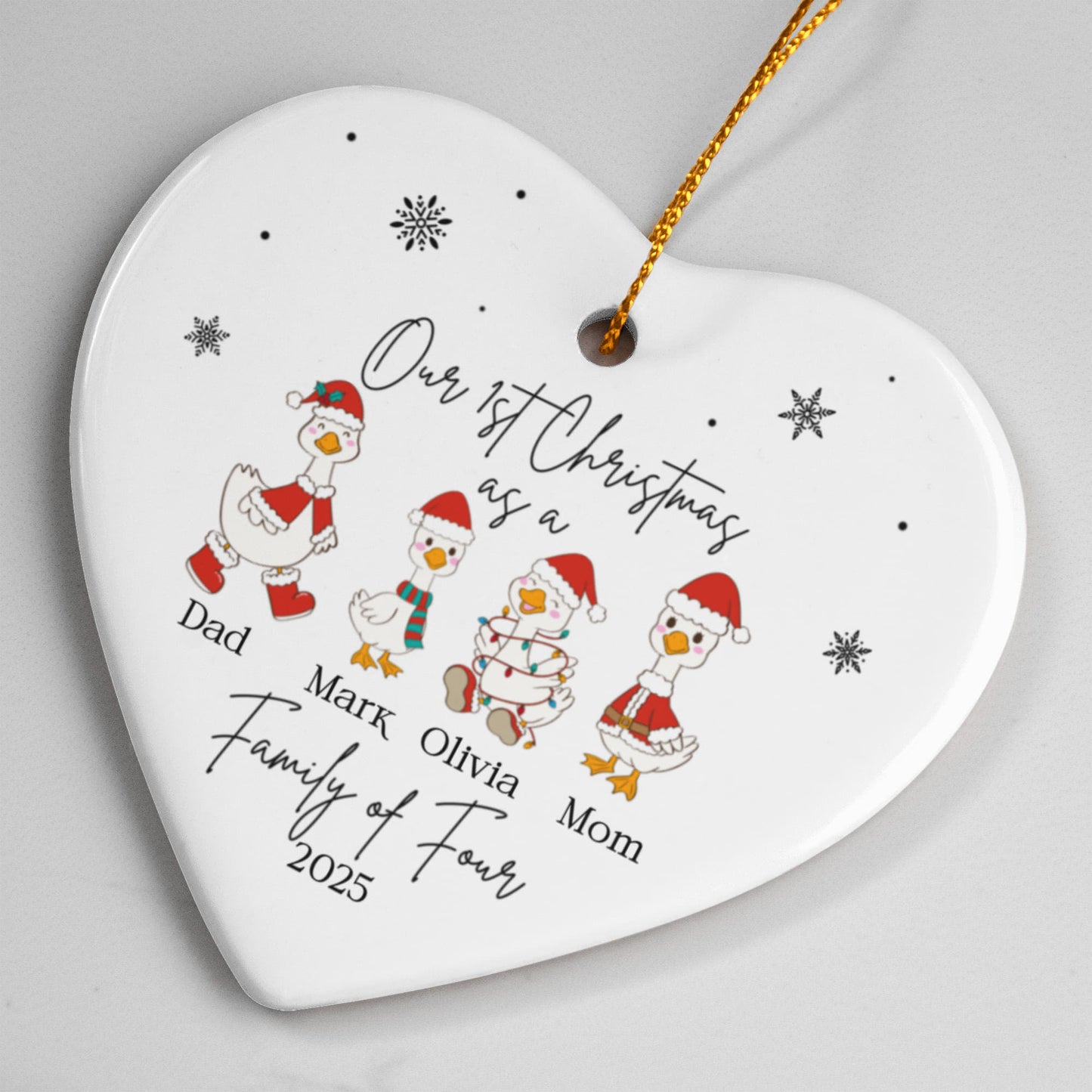 Family of Four Goose Ornament, Christmas Tree Decoration, Heart Ceramic Ornament, Personalized Family Keepsake, Holiday Home Decor