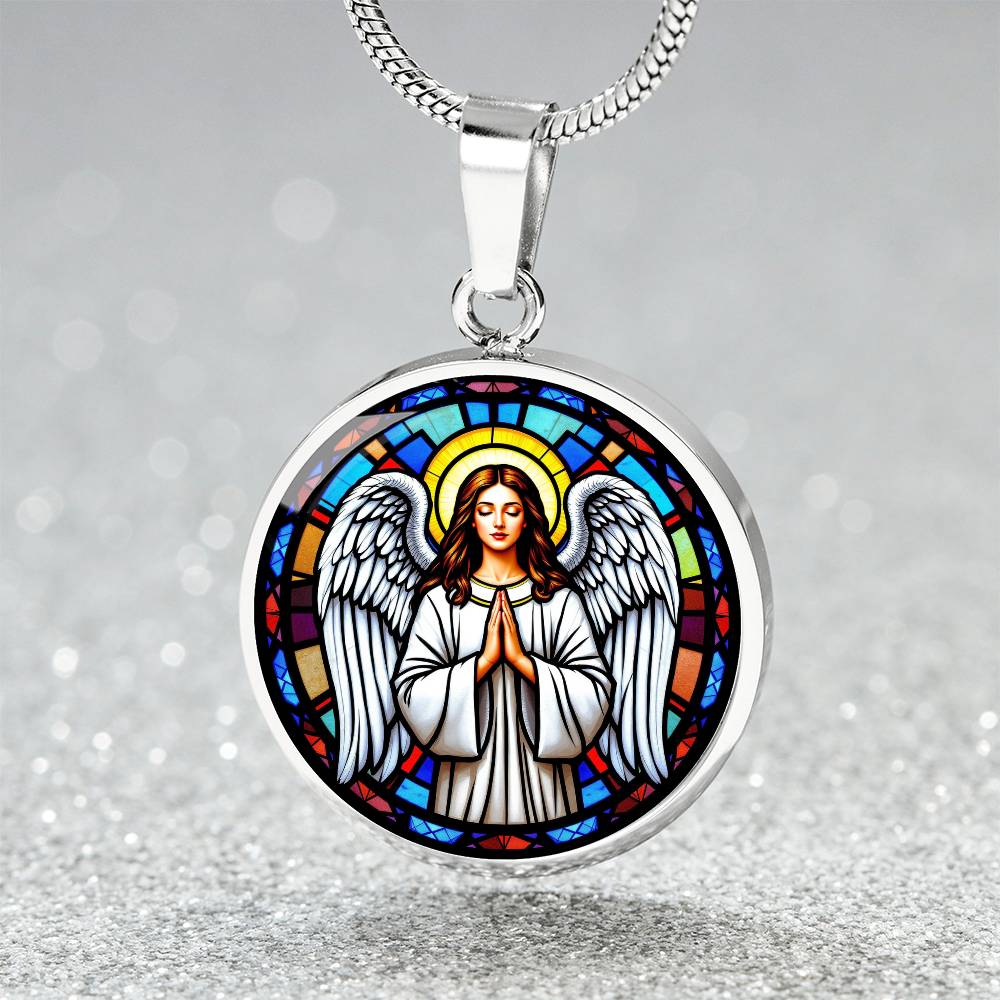 Guardian Angel Faux Stain Glass Pendant Necklace