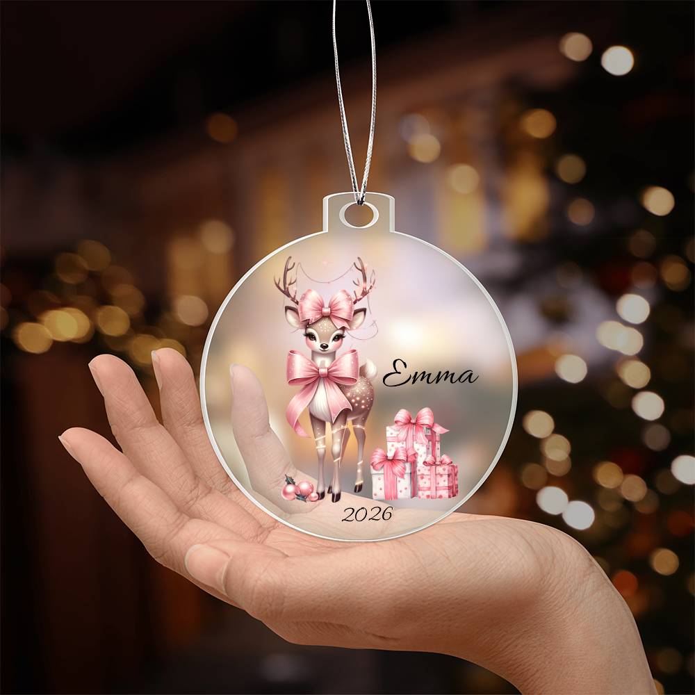 Pink Couquette Reindeer Christmas Ornament