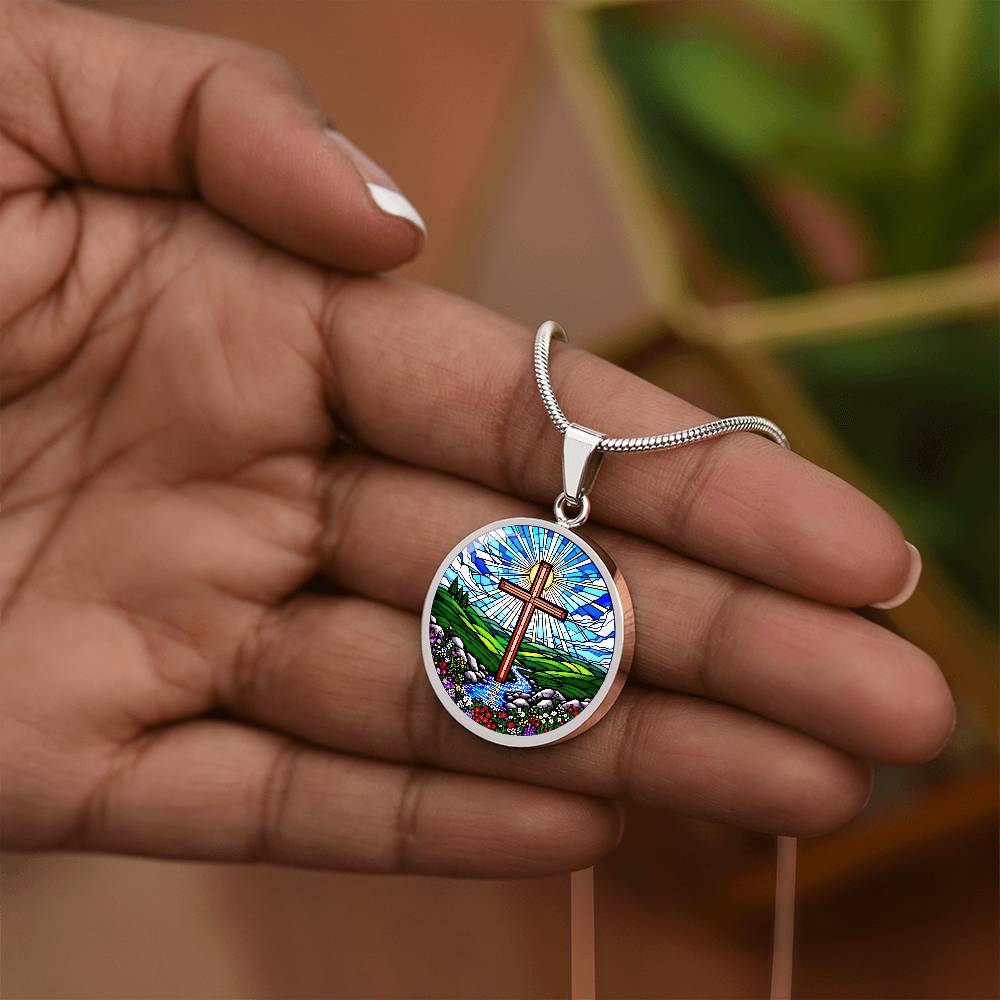 Cross Faux Stain Glass Pendant Necklace