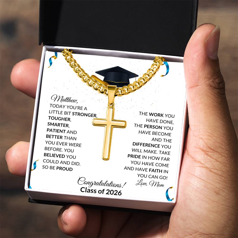 Graduation Cross Necklace Gift with Cuban Link Chain