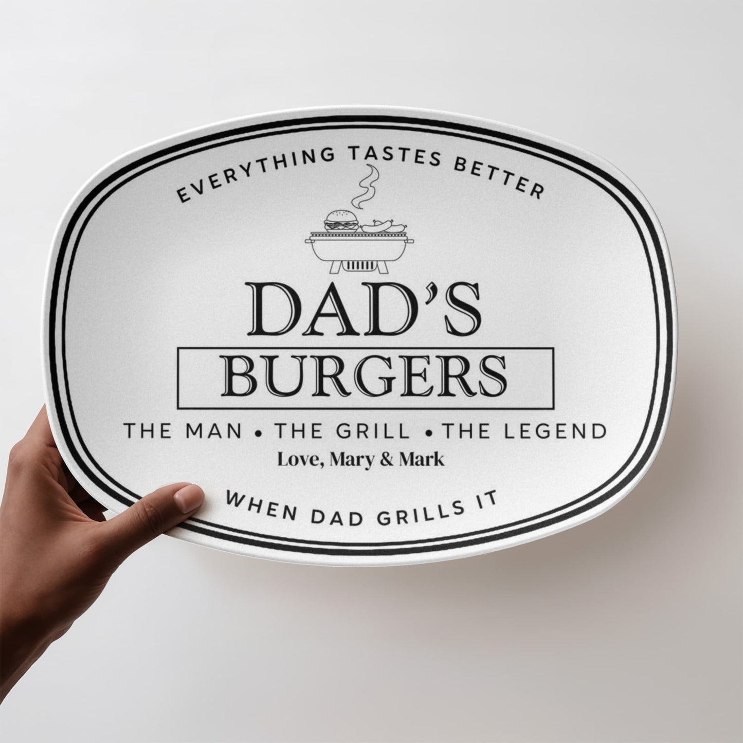 Dads Burger Personalized Plate, BBQ Platter, Custom Grill Gift, Outdoor Dining, Unique Fathers Day Gift, Grilling Accessories