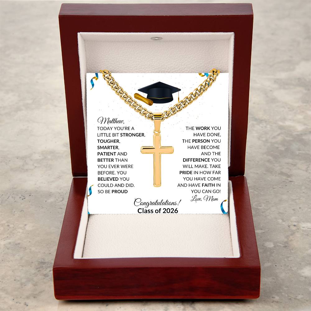 Graduation Cross Necklace Gift with Cuban Link Chain