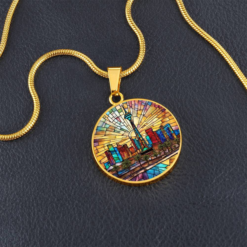 Las Vegas Skylight Stained Glass Look Round Pendant Necklace in Gold or silver-[Heartfelt Family Gift]