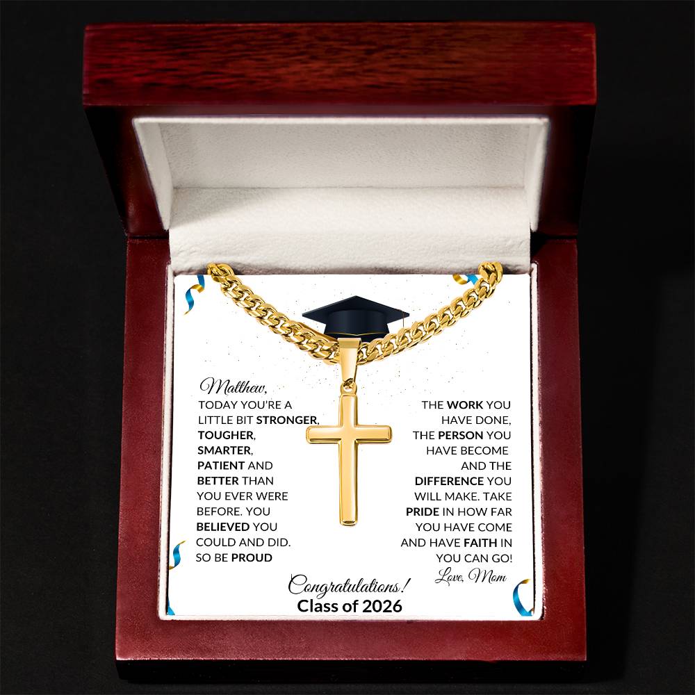 Graduation Cross Necklace Gift with Cuban Link Chain