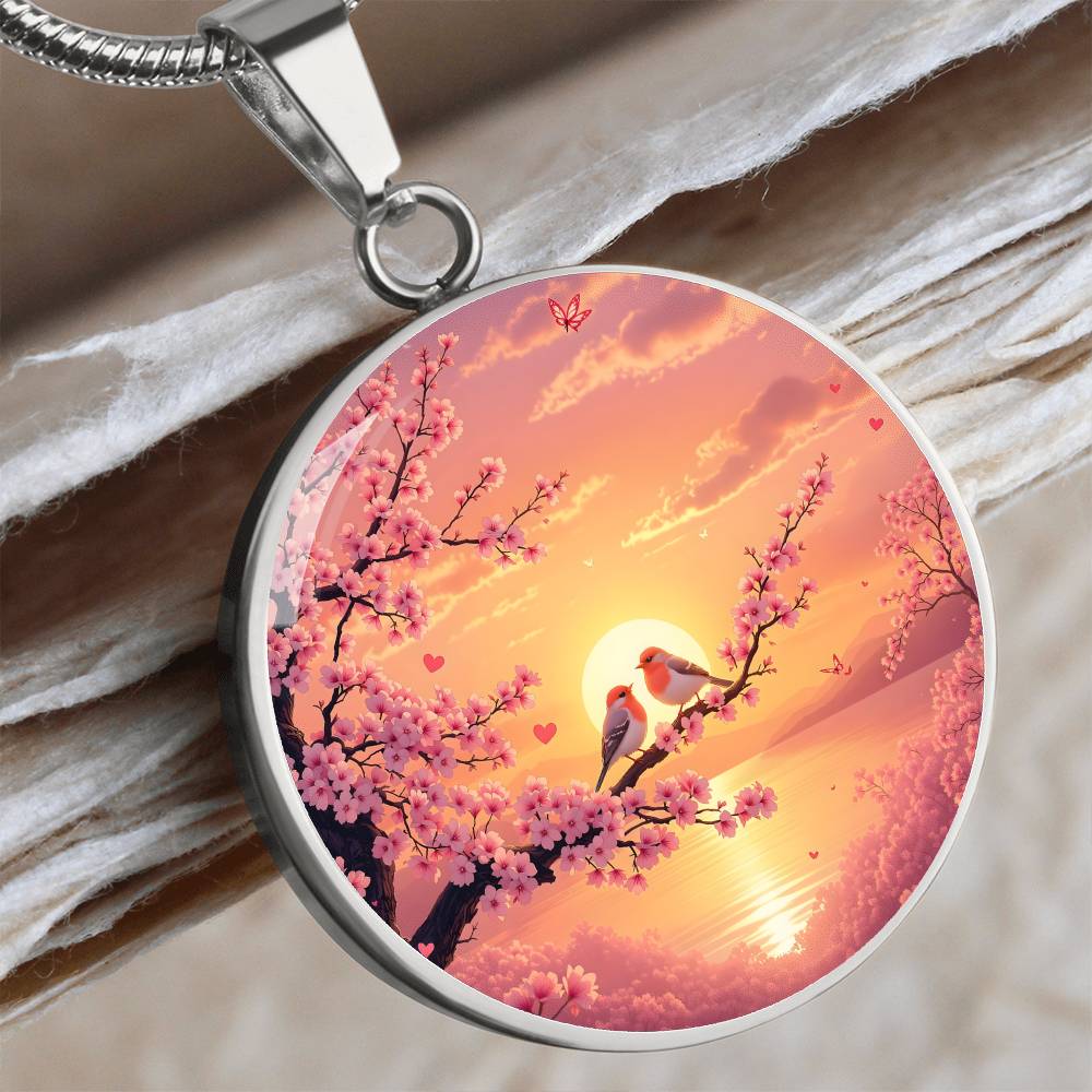 Love Birds Cherry Blossom Tree Pendant Necklace
