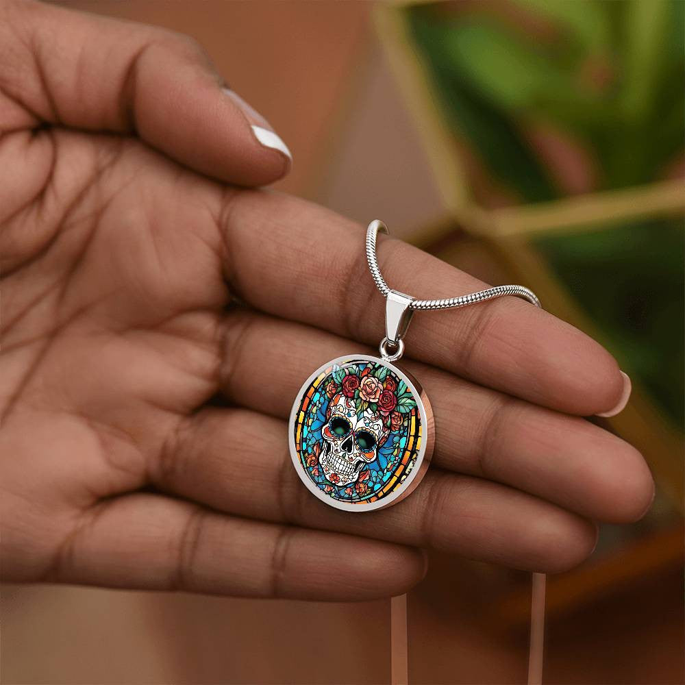 Mexican Sugar Skull Calavera  Round Pendant Necklace in Gold or silver-[Heartfelt Family Gift]