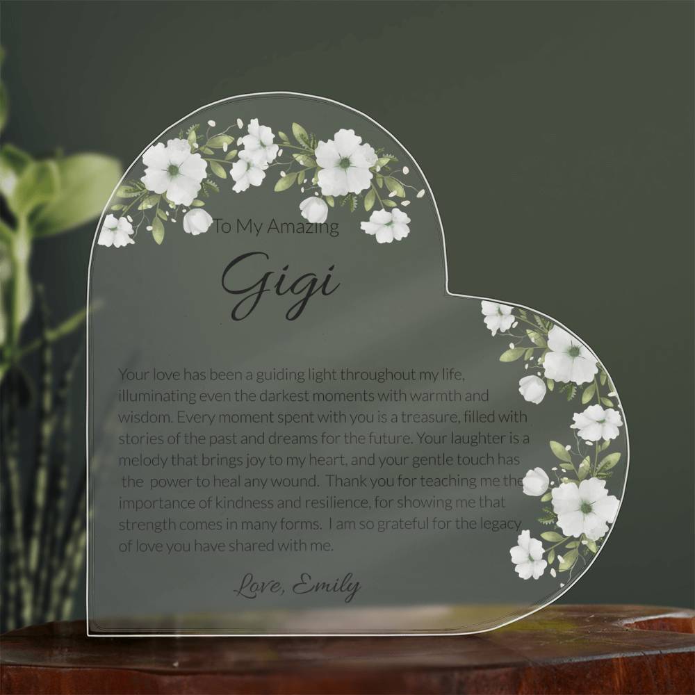 Gigi Acrylic Heart Plaque, Heart Plaque for Grandma, Personalized Grandma Gift, Sentimental Keepsake, Floral Acrylic Decor, Mother's Day Gift