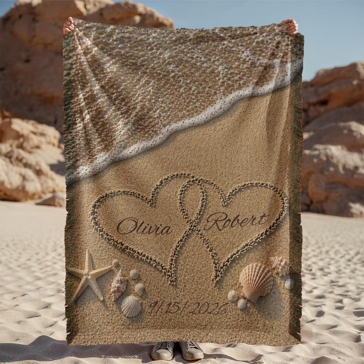 Personalized Names In The Sand Woven Cotton Blanket
