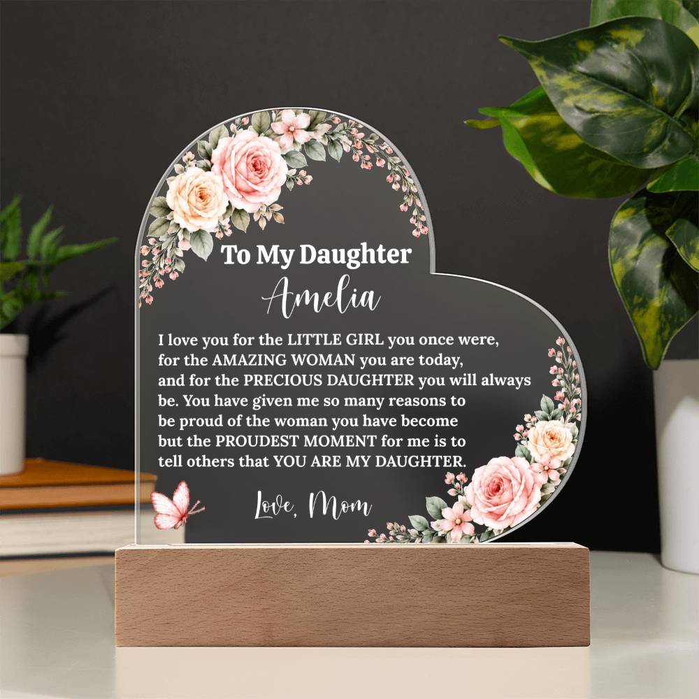 Daughter Lighted Heart Gift, Acrylic Plaque with LED Base, Color-Changing Heart for Birthday, Graduation Keepsake, Wedding Gift
