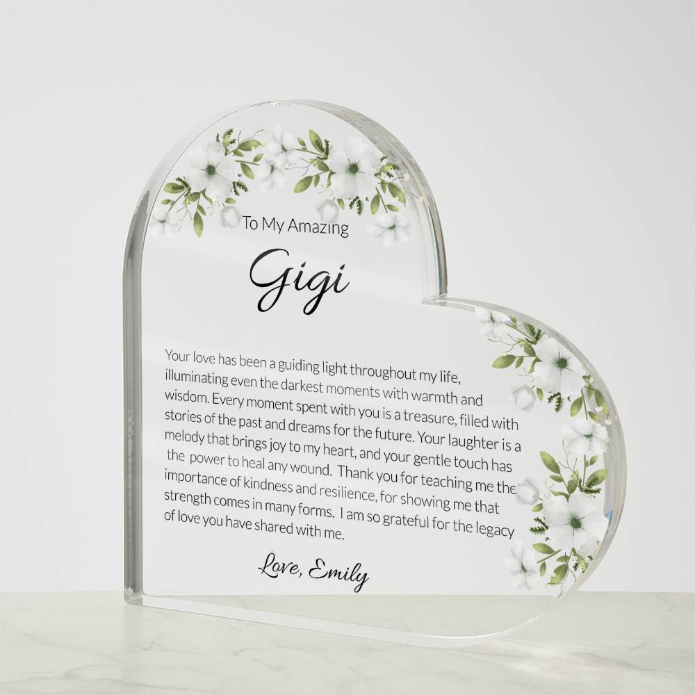 Gigi Acrylic Heart Plaque, Heart Plaque for Grandma, Personalized Grandma Gift, Sentimental Keepsake, Floral Acrylic Decor, Mother's Day Gift