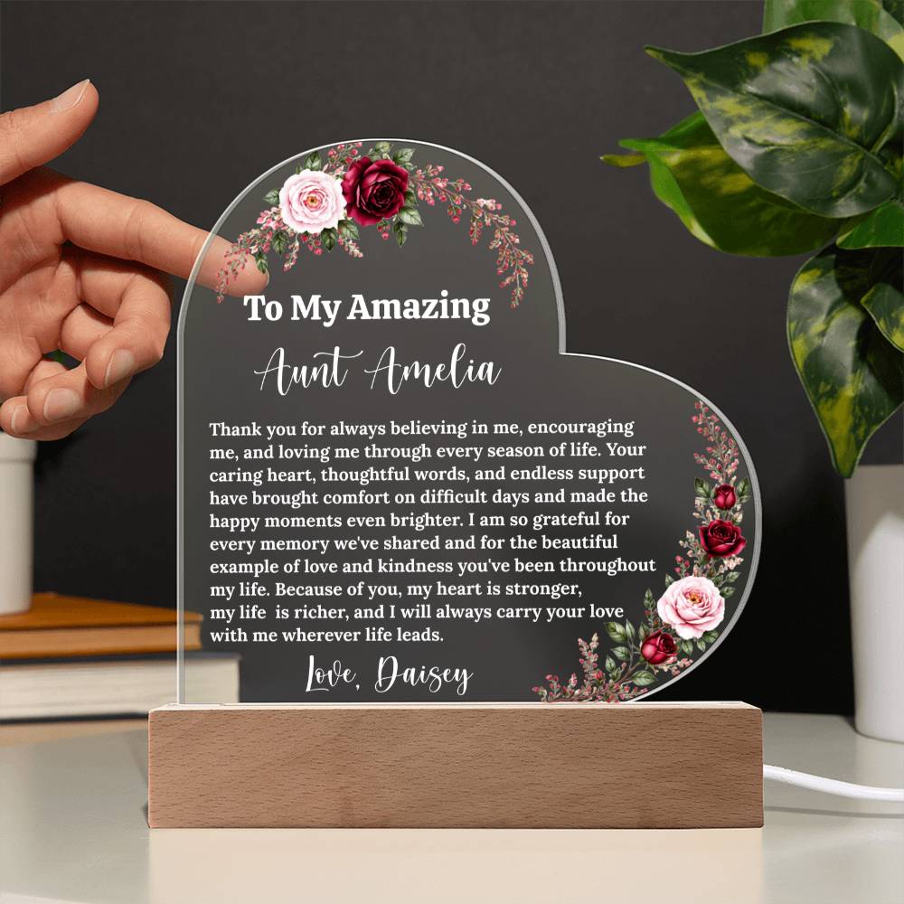 Aunt LED Light Acrylic Heart Plaque, Personalized Gift for Christmas, Birthday, Wedding