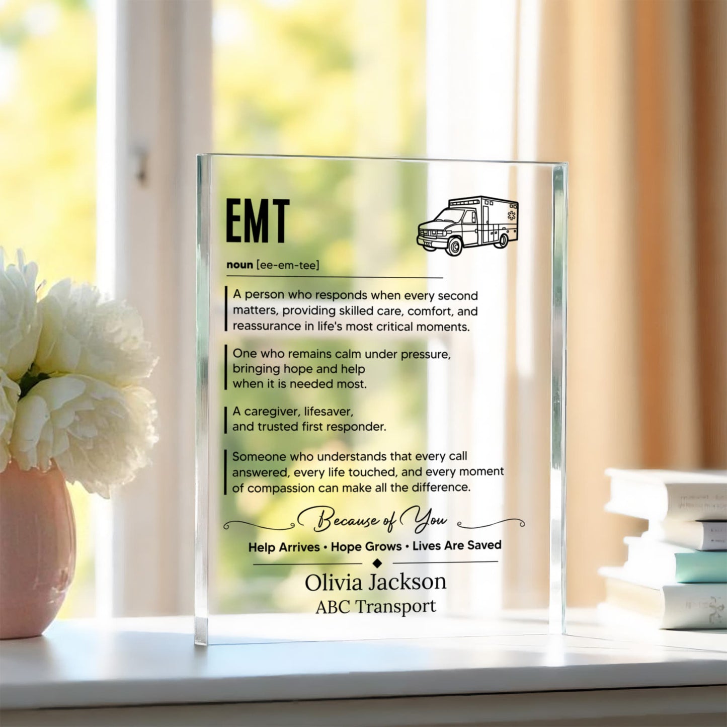 EMT Appreciation Award Plaque, Acrylic Plaque Gift, Emergency Responder Gift,  Thank You Gift for Employee