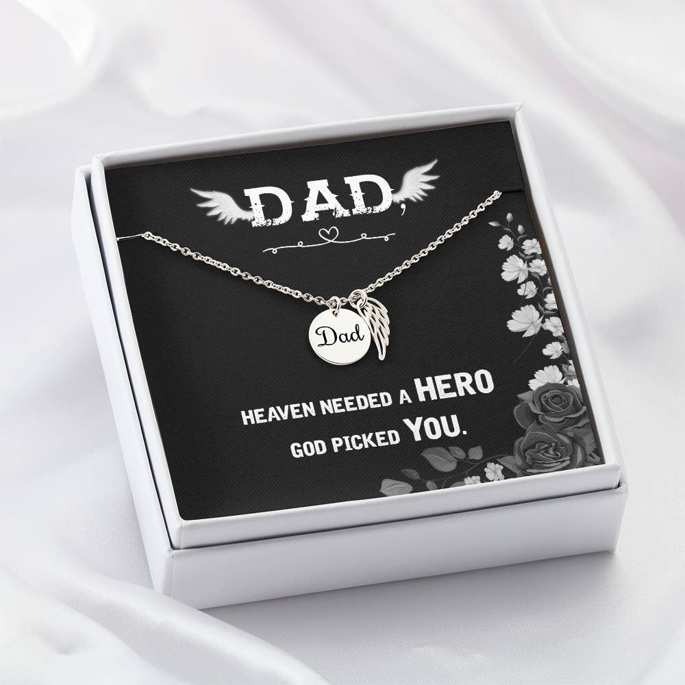 Dad Memorial Necklace Angel Wing Charm -Heaven needed a hero-[Heartfelt Family Gift]