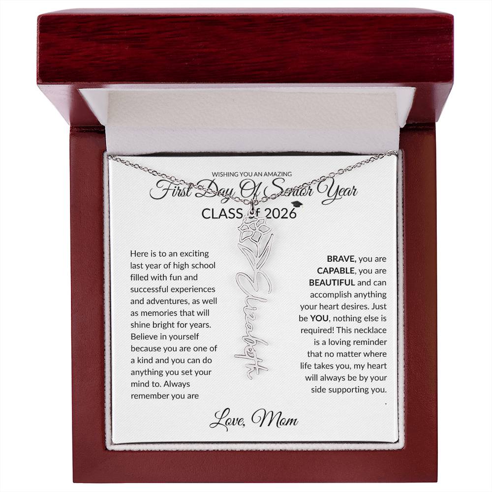 1st Day of Senior Year Class of 2026 Birthflower Name Necklace