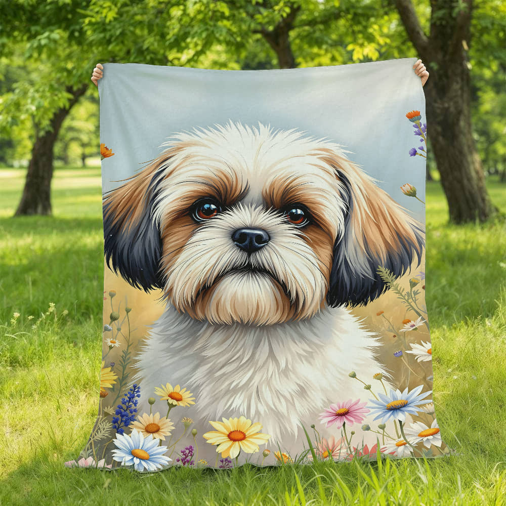 Shih Tzu Dog Wildflower Floral Dog Woven Blanket-[Heartfelt Family Gift]