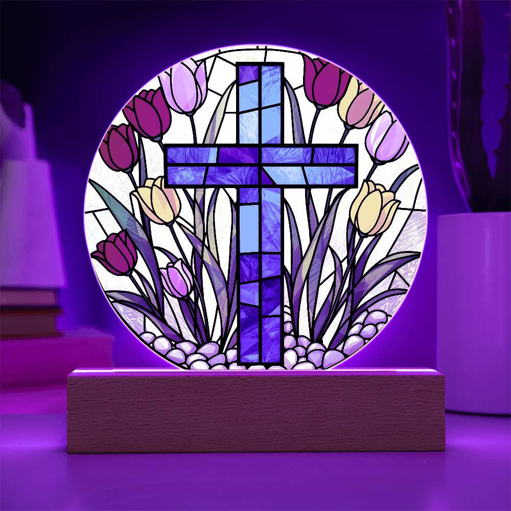 Cross and Tulips Circle Lamp-[Heartfelt Family Gift]
