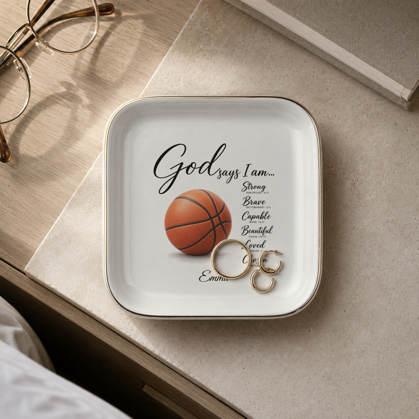 Personalized Christian Basketball Jewelry Dish, Faith Gift for Basketball Player, Encouragement Keepsake, God Says I Am Trinket Tray