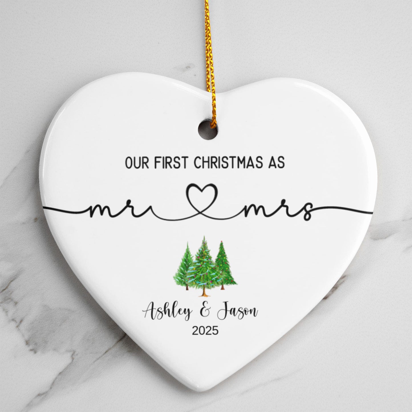 Ceramic Heart Ornament, First Christmas Ornament, Elegant Holiday Decor, Mr and Mrs Keepsake, Personalized Couple Ornament, New Year Gift
