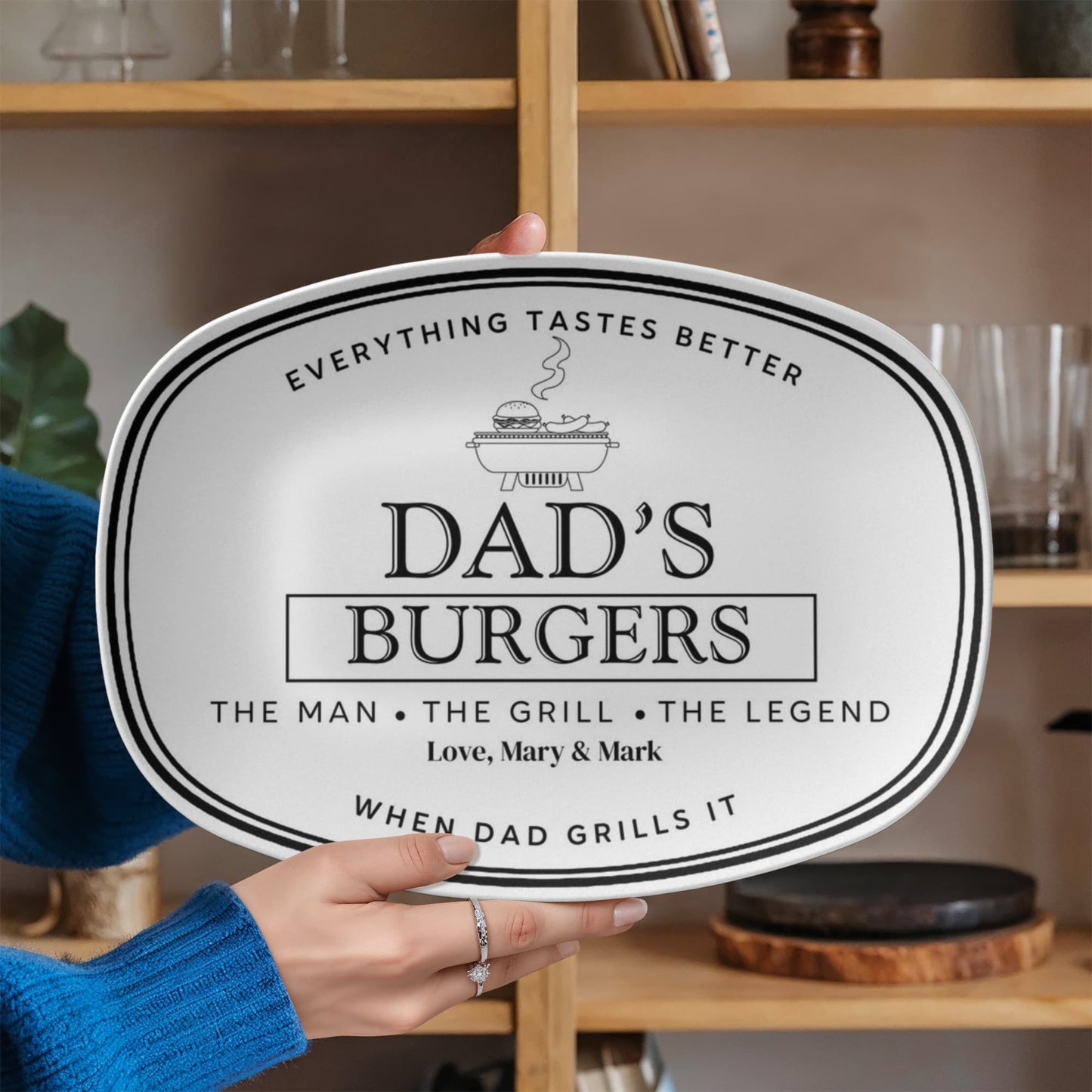 Dads Burger Personalized Plate, BBQ Platter, Custom Grill Gift, Outdoor Dining, Unique Fathers Day Gift, Grilling Accessories