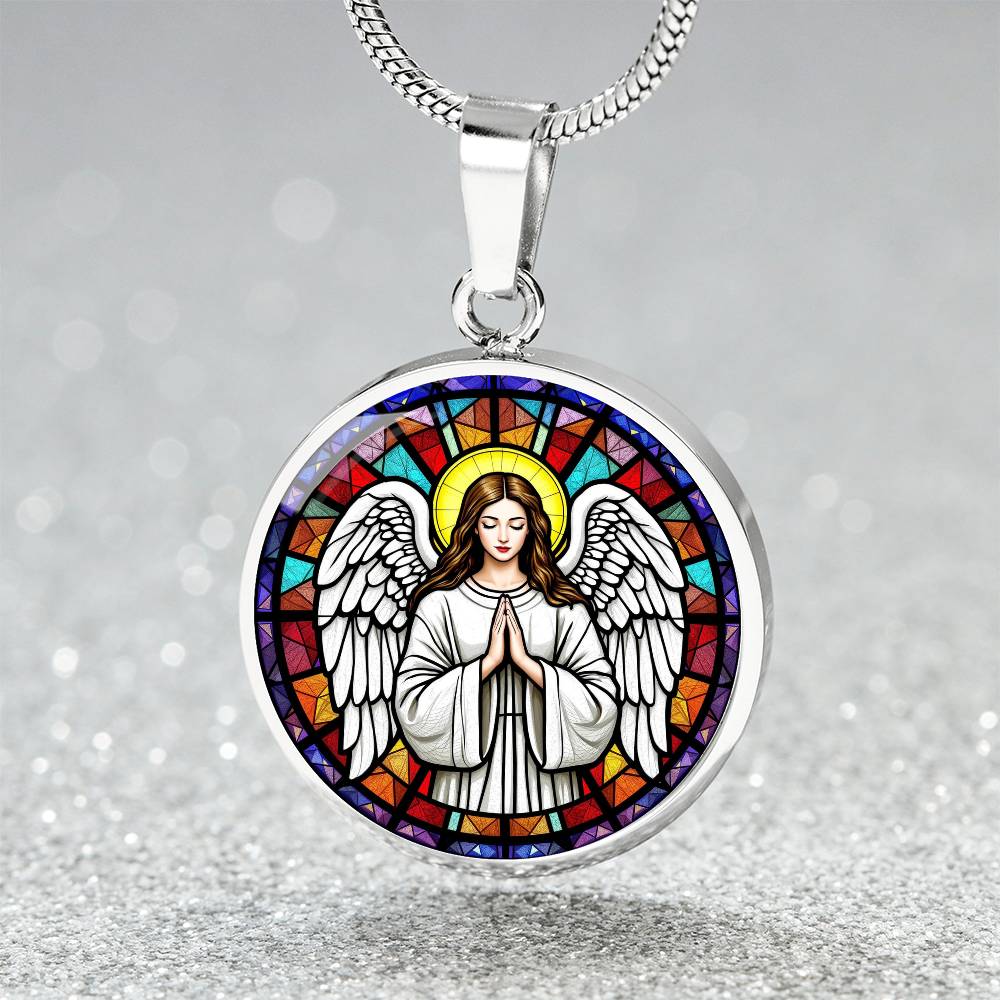 Guardian Angel Faux Stain Glass Pendant Necklace