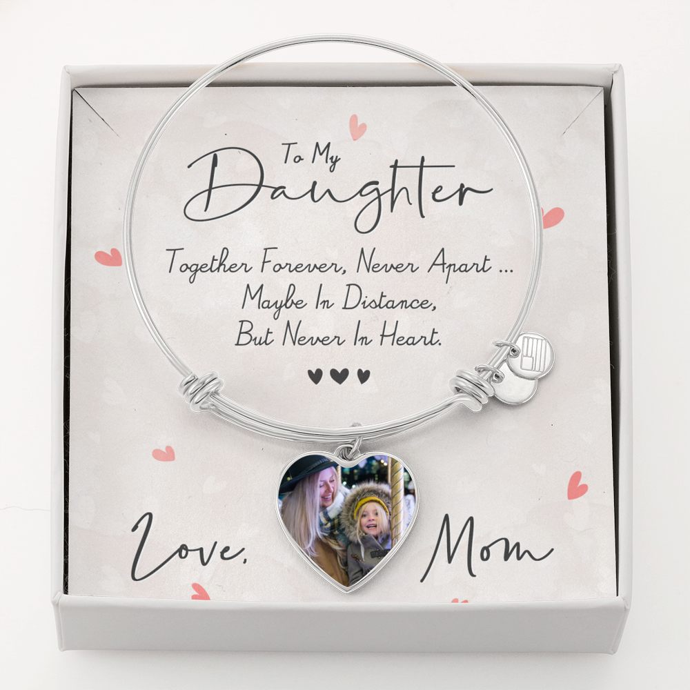 Daughter- Together Forever Photo Engraved Heart Bangle Gift-[Heartfelt Family Gift]