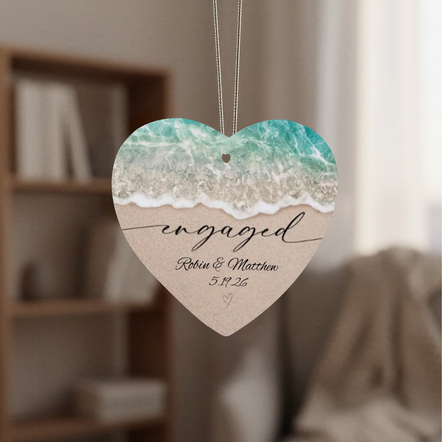Acrylic Heart Beach Ornament, Personalized Engagement Keepsake, Beach Theme Wedding, Custom Names in Sand Gift