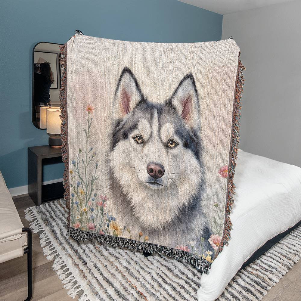 Husky Dog Wildflowers Woven Blanket-[Heartfelt Family Gift]