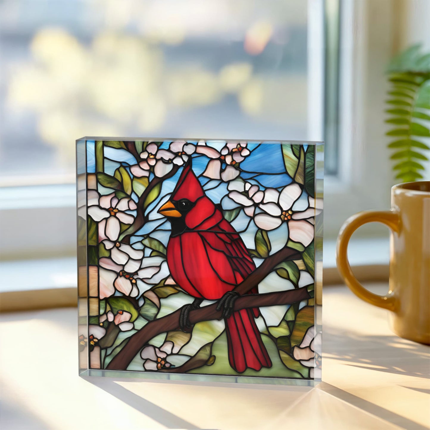 Cardinal Bird Decor, Nature Inspired Plaque, Acrylic Art Panel, Floral Stained Glass Style, Home Office Gift, Decorative Nature Art