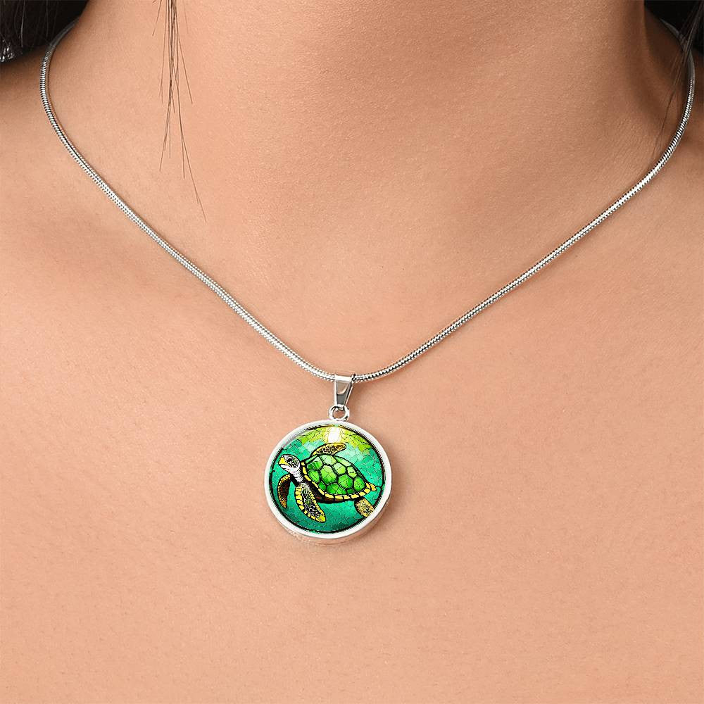 Sea Turtle Round Pendant Necklace in Gold or silver-[Heartfelt Family Gift]