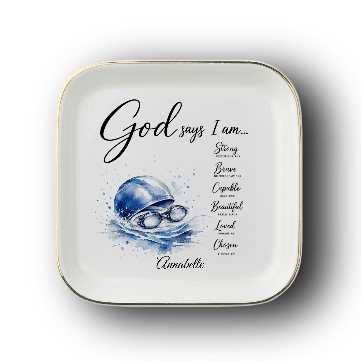 Swimming Christian Jewelry Dish, Swimmer Gift, Faith Trinket Tray, God Says I Am Dish, Personalized Swim Gift, Gold Trim Ceramic Tray