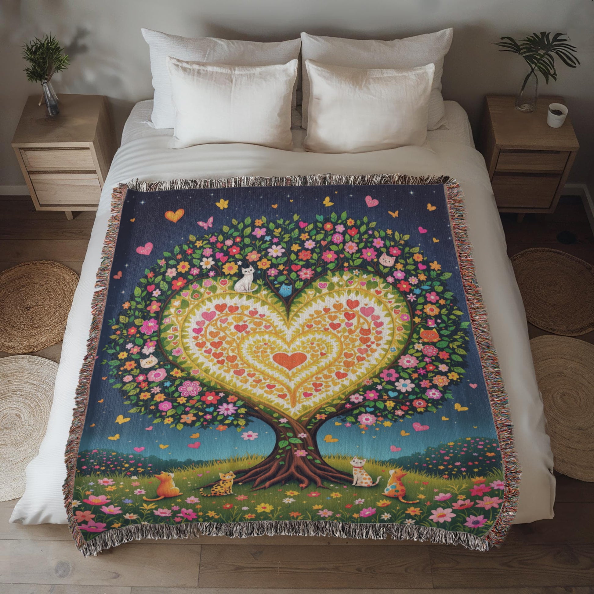 Cat Tree of Life Woven Cotton Throw Blanket-[Heartfelt Family Gift]