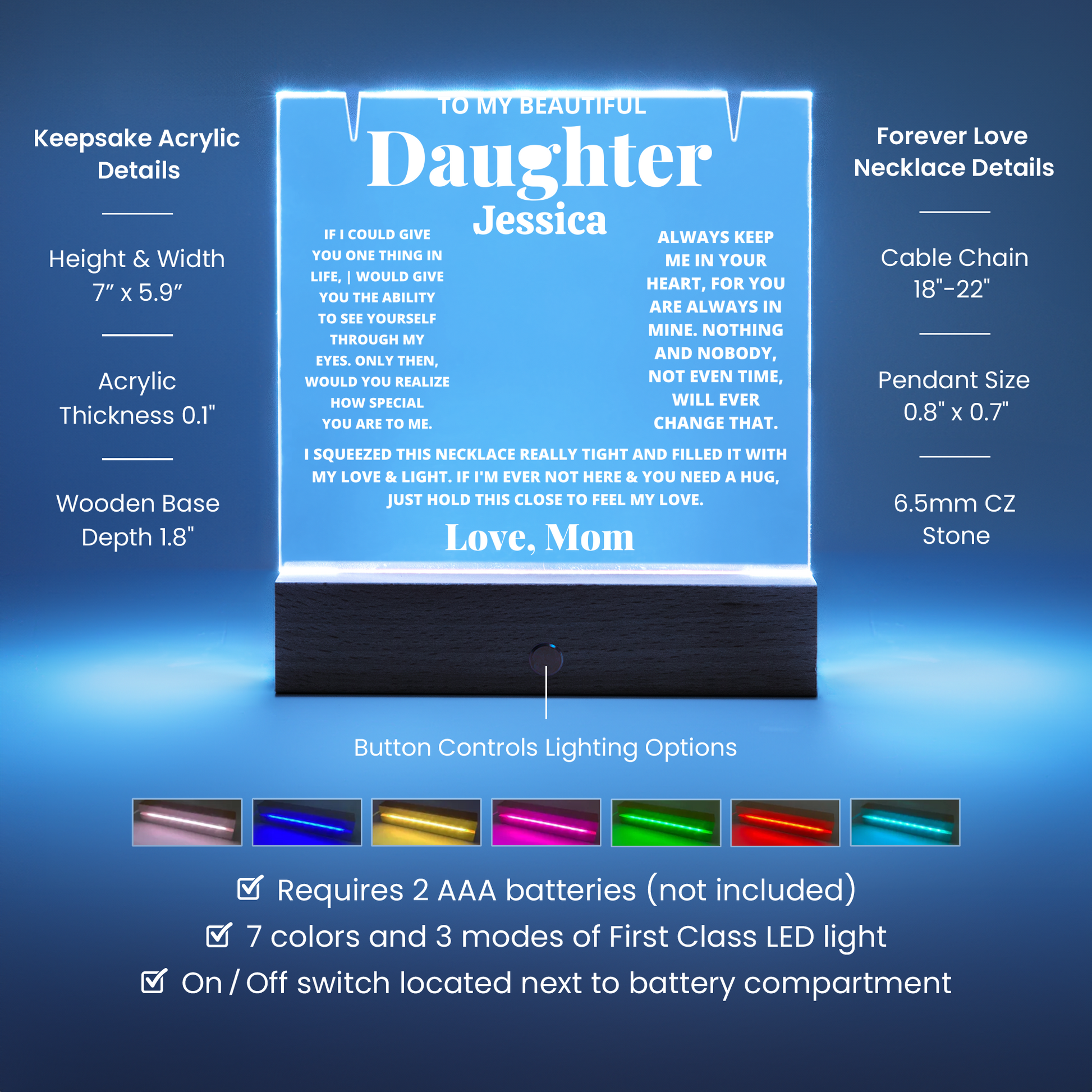 Daughter from Mom LED Acrylic Heart Necklace & Plaque Gift-[Heartfelt Family Gift]