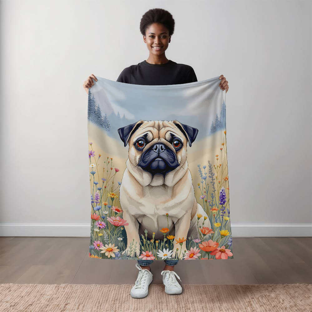 Pug Dog Wildflower Floral Woven Blanket-[Heartfelt Family Gift]