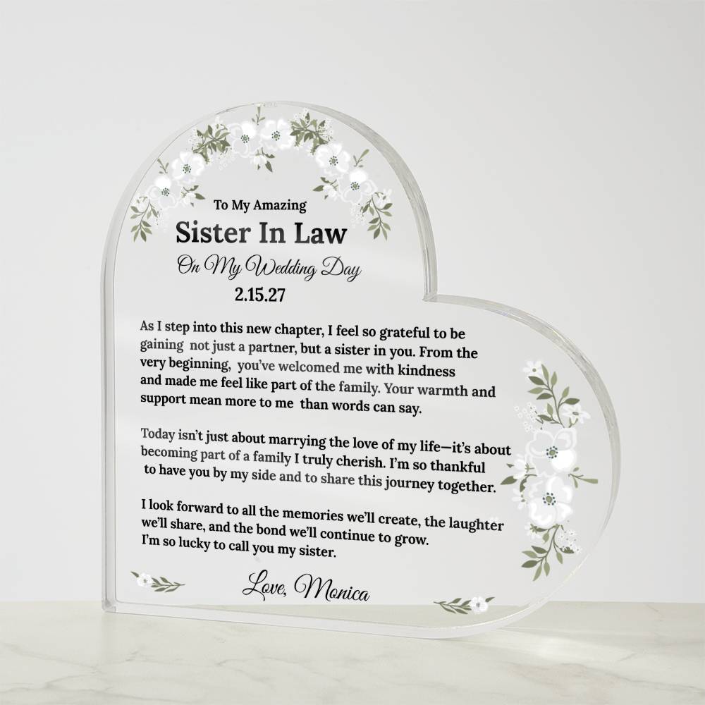 To My Sister In Law On My Wedding Day Acrylic Heart Block