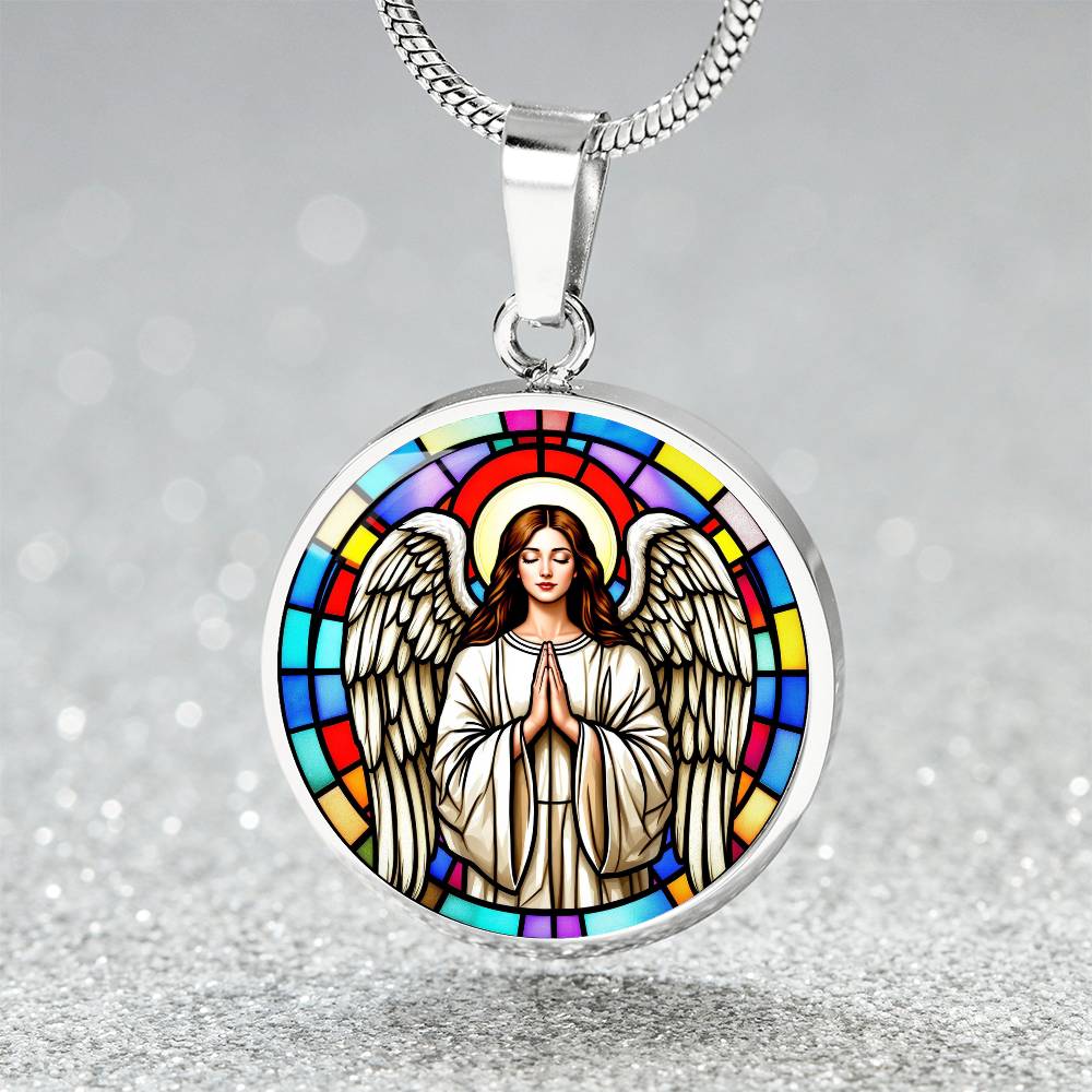 Guardian Angel Faux Stain Glass Pendant Necklace