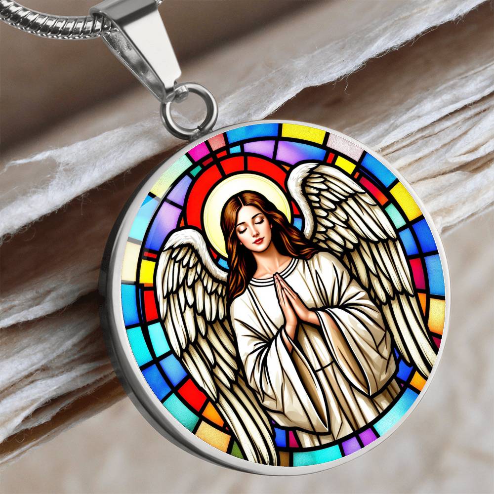 Guardian Angel Faux Stain Glass Pendant Necklace
