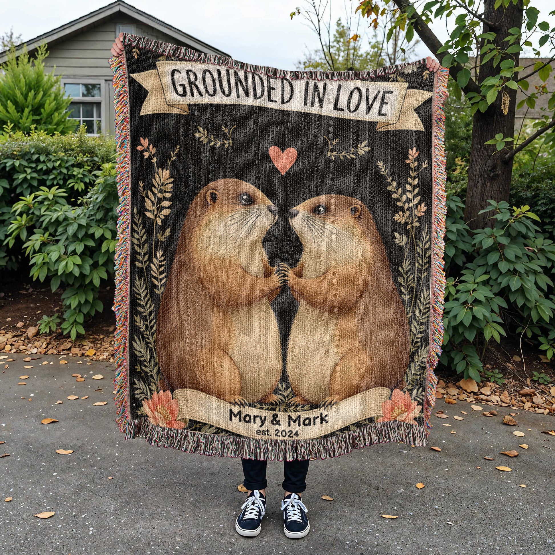 Groundhog Couple Woven Cotton Throw Blanket-[Heartfelt Family Gift]