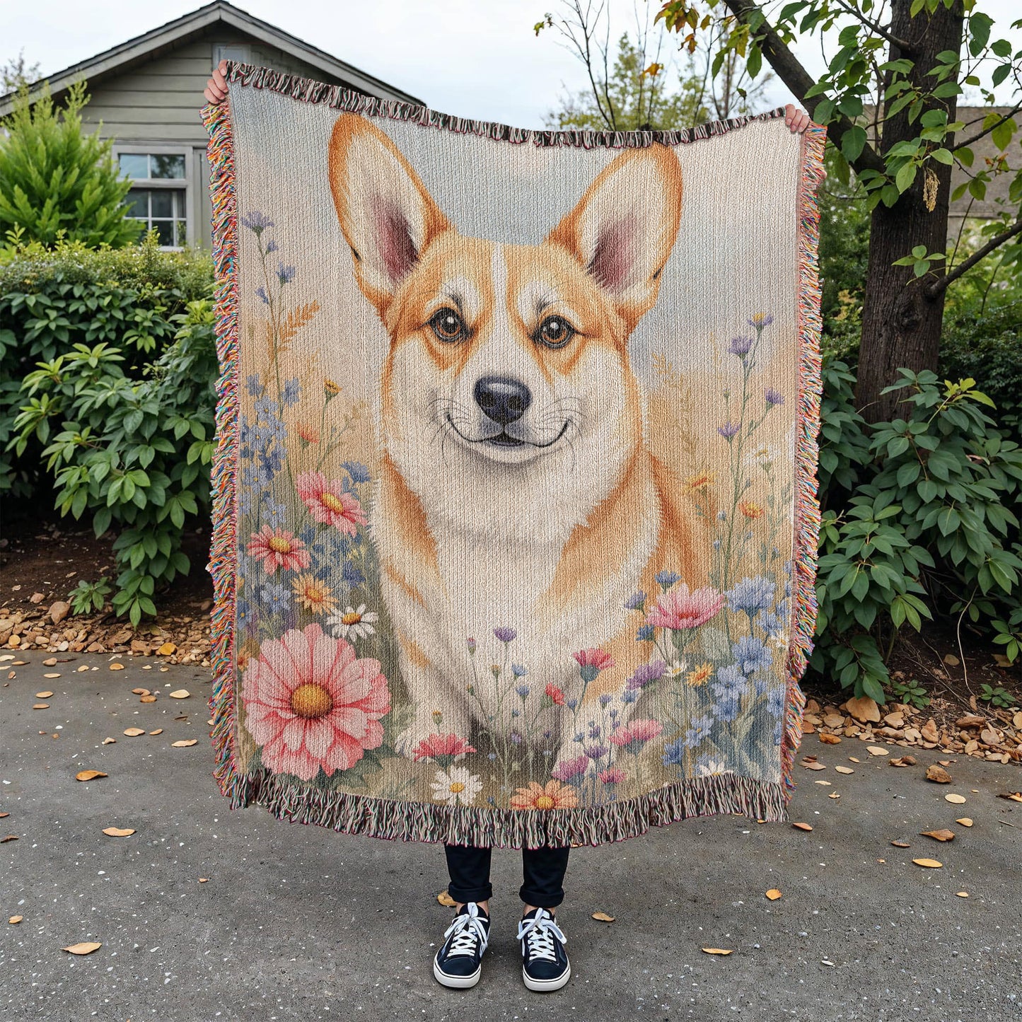 Corgi Dog WIldflower Woven Cotton Blanket-[Heartfelt Family Gift]