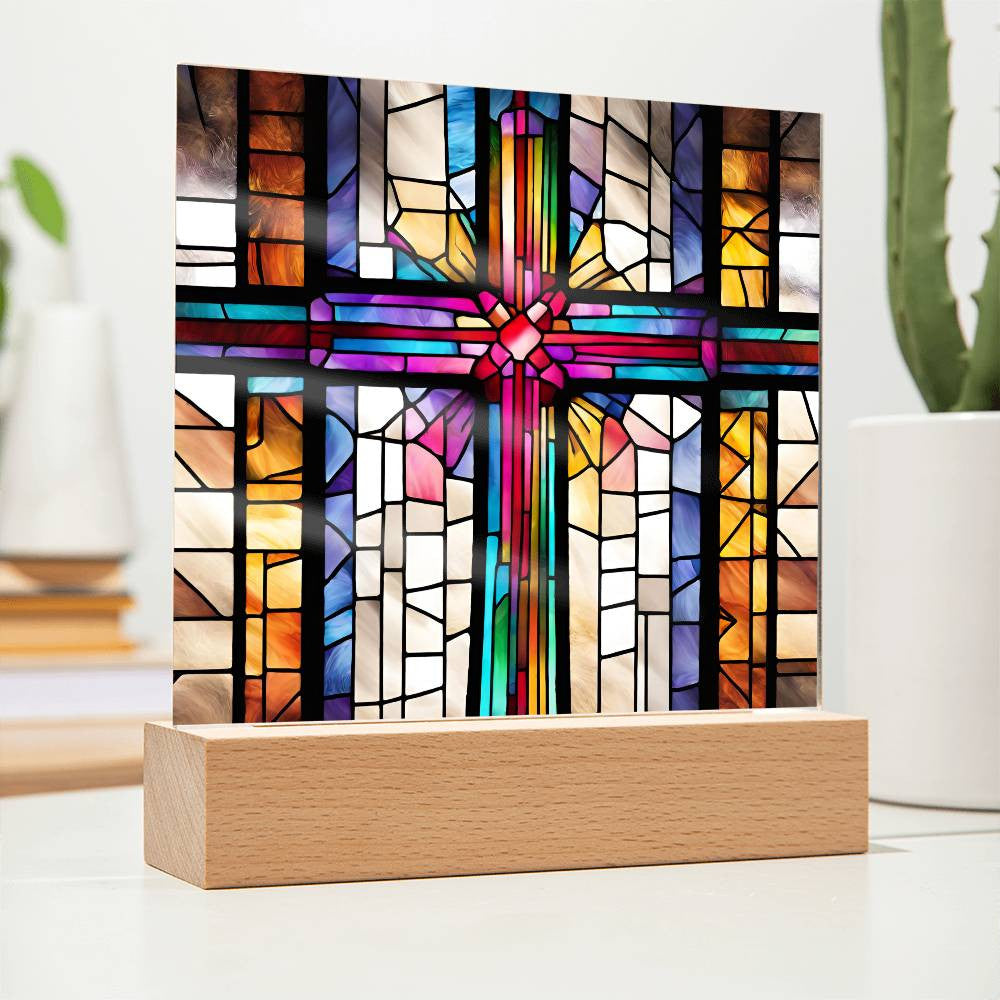 LED Acrylic Cross - Baptism Easter and Confirmation Gift - Faux Stained Glass Decor