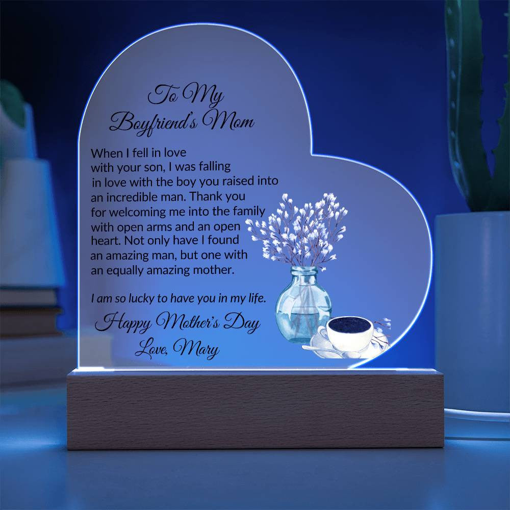 Boyfriends Mom Acrylic Heart Plaque with 2 Lines Personalized Text-[Heartfelt Family Gift]