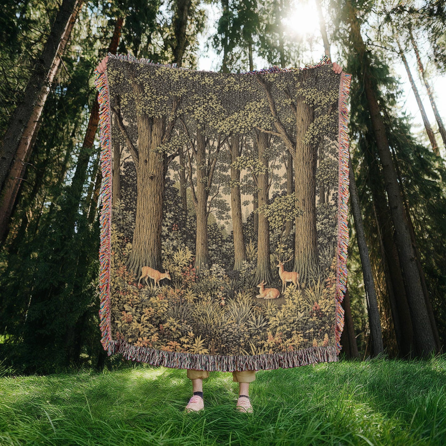 Forestcore Deer Woven Cotton Throw-[Heartfelt Family Gift]