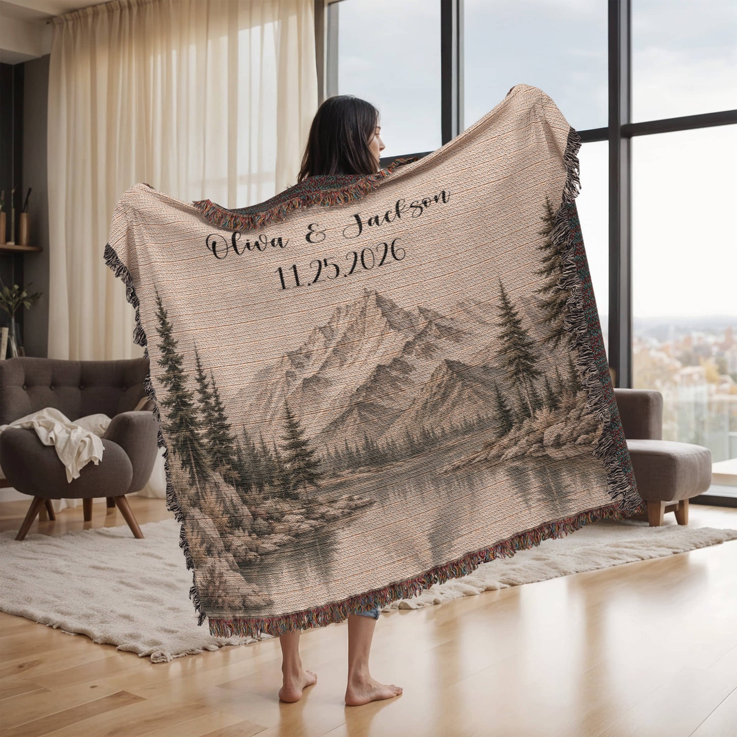 Custom Couples Woven Blanket, Personalized Wedding Gift with Names and Date, Mountain Forest Throw, Anniversary Gift 100% Cotton