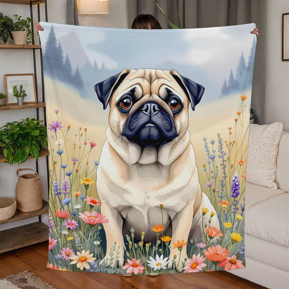 Pug Dog Wildflower Floral Woven Blanket-[Heartfelt Family Gift]