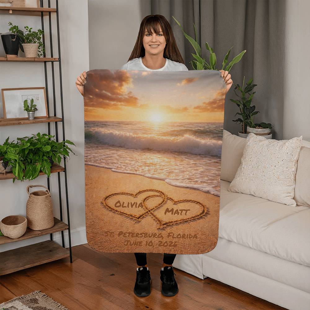 Names In The Sand Beach Wedding Anniversary Sherpa Fleece Blanket