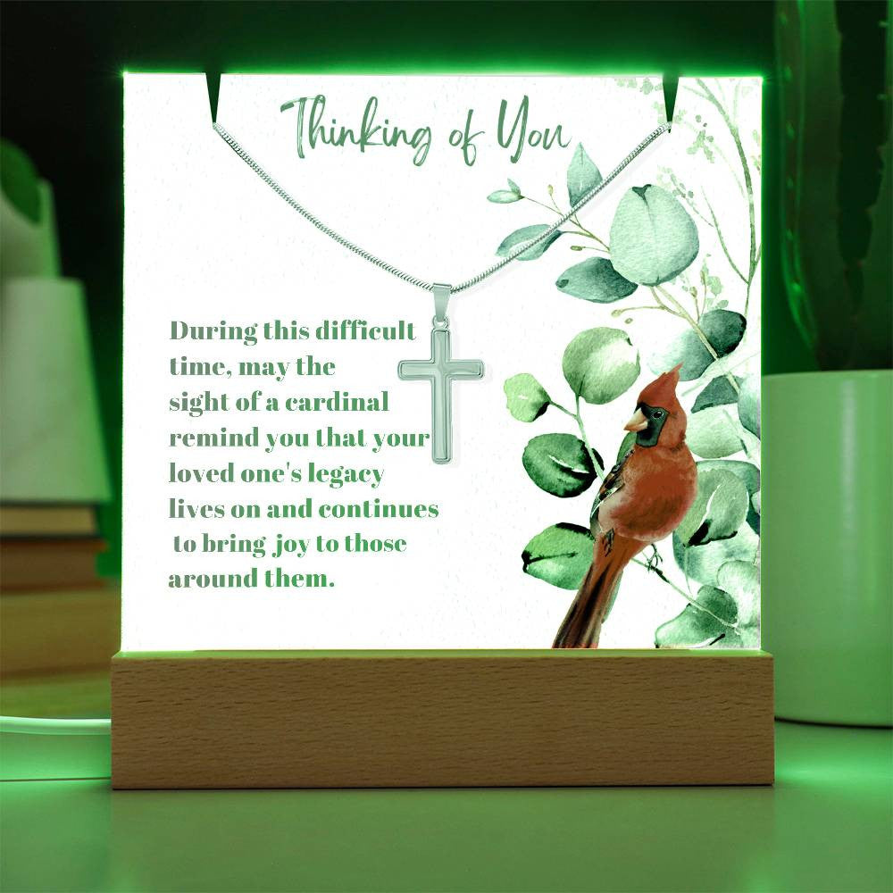Cardinal Remembrance  Cross Necklace and Acrylic Memorial Plaque-[Heartfelt Family Gift]