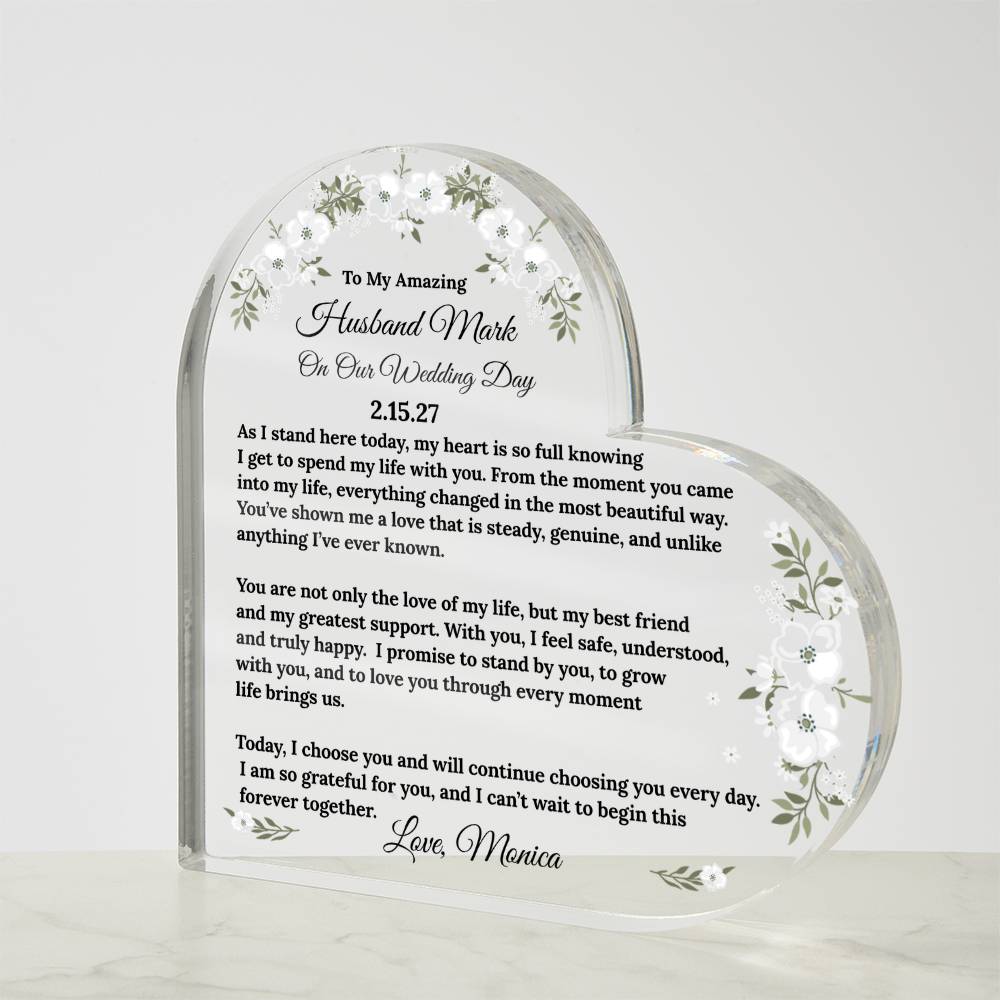 To My Husband On My Wedding Day Acrylic Heart Block