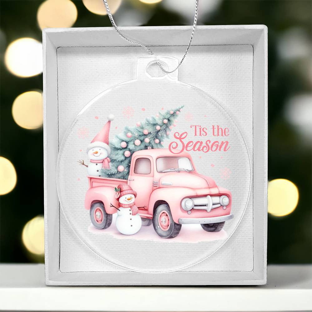 Pink Xmas Tree Pickup Truck Tis the Season Acrylic Christmas Ornament-[Heartfelt Family Gift]