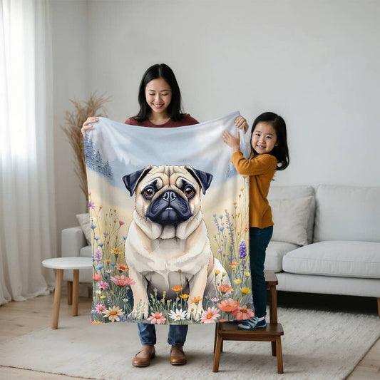 Pug Dog Wildflower Floral Woven Blanket-[Heartfelt Family Gift]