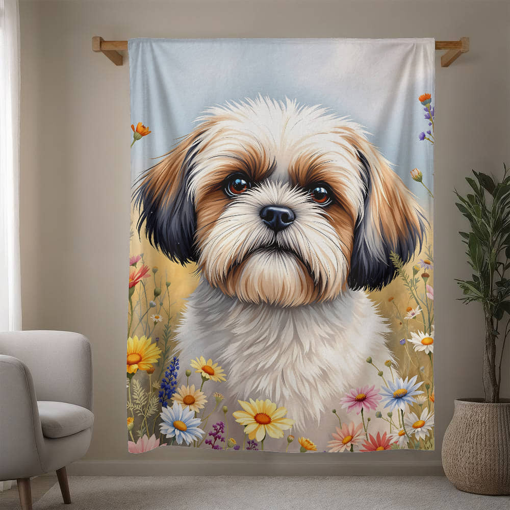 Shih Tzu Dog Wildflower Floral Dog Woven Blanket-[Heartfelt Family Gift]
